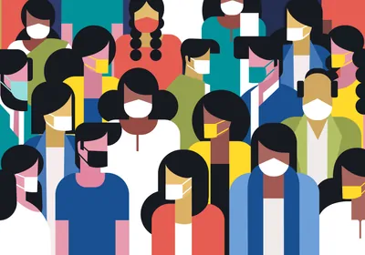 Illustration of a crowd of people wearing protective masks